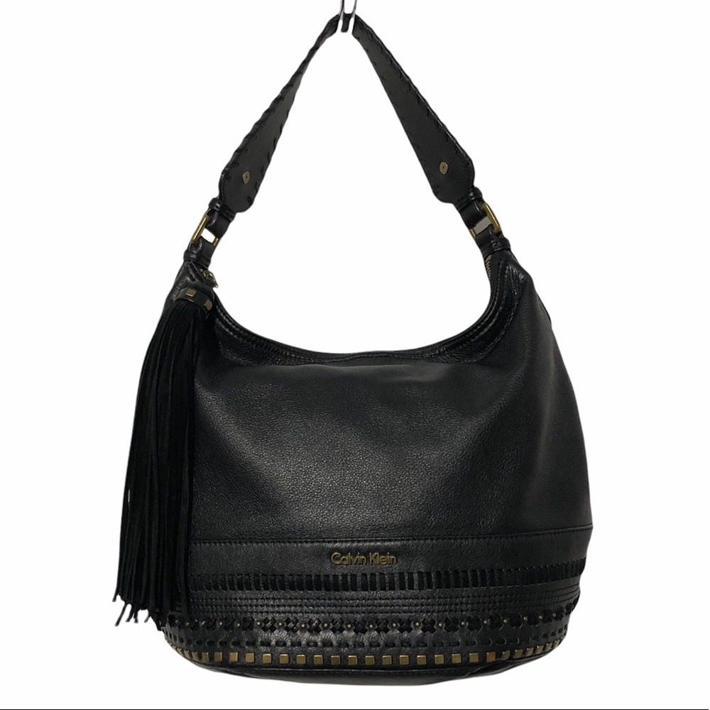 Calvin Klein Purse Black Leather Slouchy Studded Hobo Shoulder Bag Tassel Zip